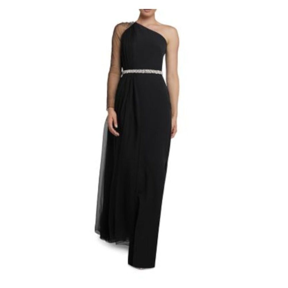 SAFIYAA Womens Black Overlay Belt Long Sleeve Full-Length Evening Gown Dress 8